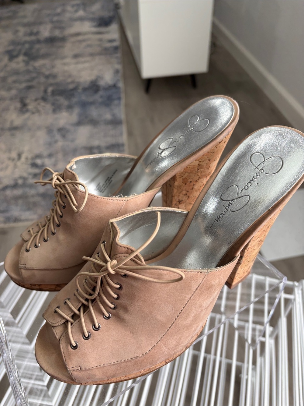 Jessica Simpson Blush Lace-Up Cork Block Heel Mules